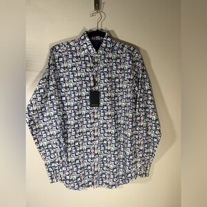Bugatchi Men's Blue and White Graphic Shirt